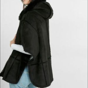EXPRESS BLACK FAUX SHEARLING HOODED PONCHO JACKET